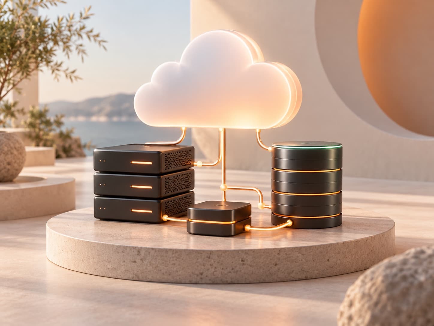 Illustration of connected cloud servers and database infrastructure