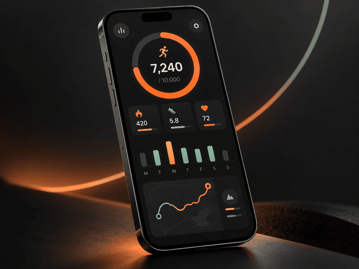 Illustrative fitness tracker app concept showing activity progress and weekly goals