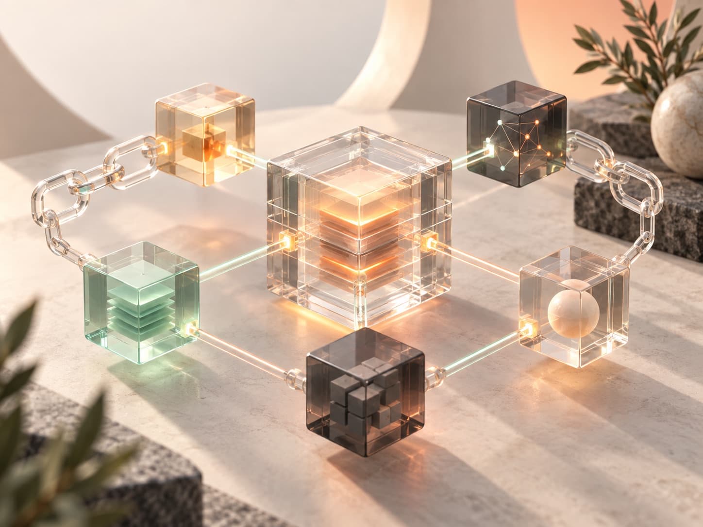 Illustration of connected blockchain nodes and a smart contract ledger Illustration of connected blockchain nodes and a smart contract ledger