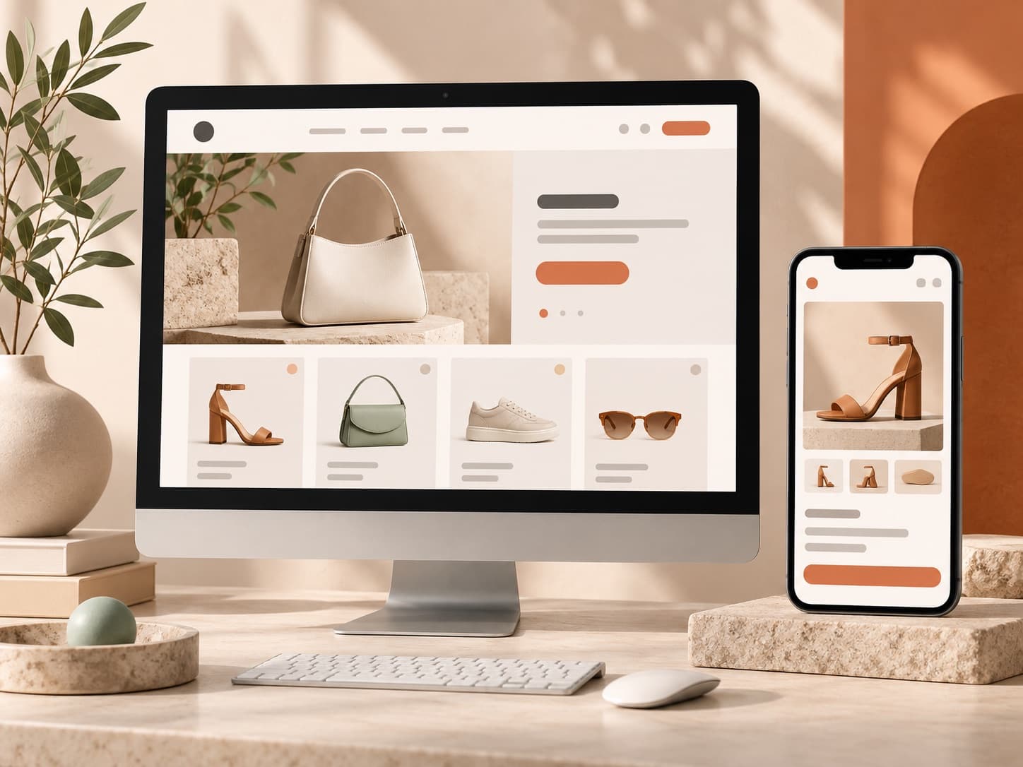Illustration of an online storefront across desktop and mobile screens Illustration of an online storefront across desktop and mobile screens