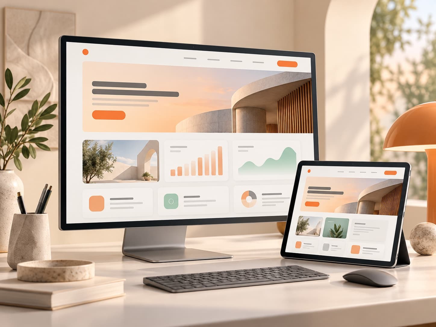 Illustration of a responsive website displayed across desktop and tablet screens Illustration of a responsive website displayed across desktop and tablet screens
